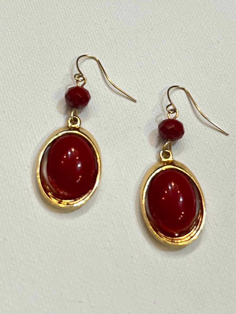 Charming Charlie Gold and Deep Red Oval Drop Earrings